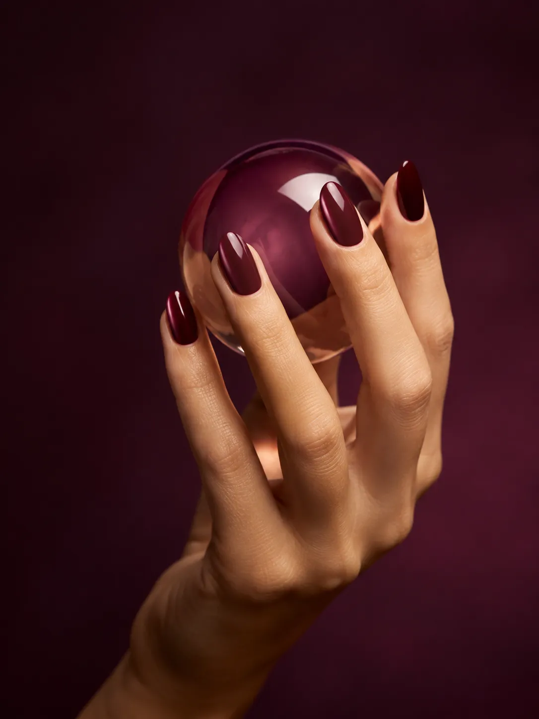 Inspiración IA de uñas bordó brillantes junto a una esfera de vidrio