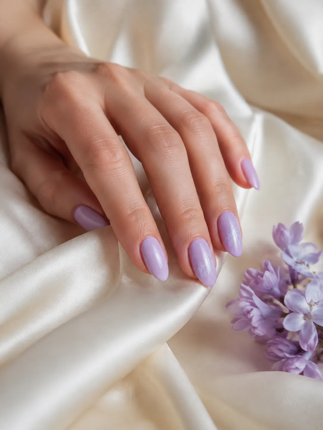 Inspiración IA de uñas lila con flores blancas delicadas sobre seda marfil